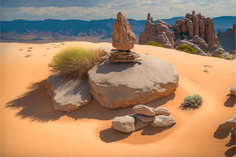 outdoor desert zen garden, boulder pile leaning precarious